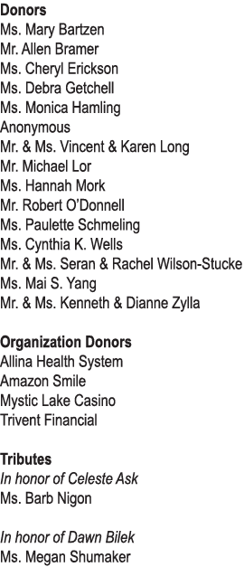 Donors Ms  Mary Bartzen Mr  Allen Bramer Ms  Cheryl Erickson Ms  Debra Getchell Ms  Monica Hamling Anonymous Mr    Ms   